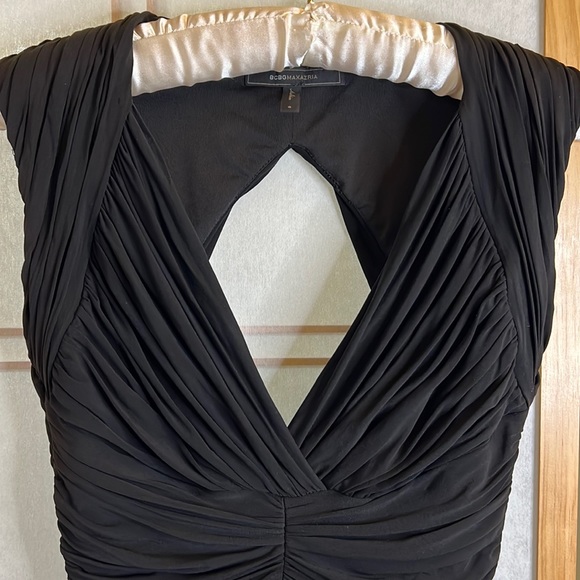 BCBGMAXAZRIA “EDESA” Shirred Rouched Cocktail Dress Black Stretch Open Back S - Picture 8 of 13